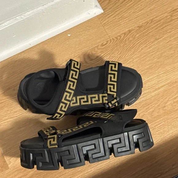 Versace Black and Gold Geometric Sandals